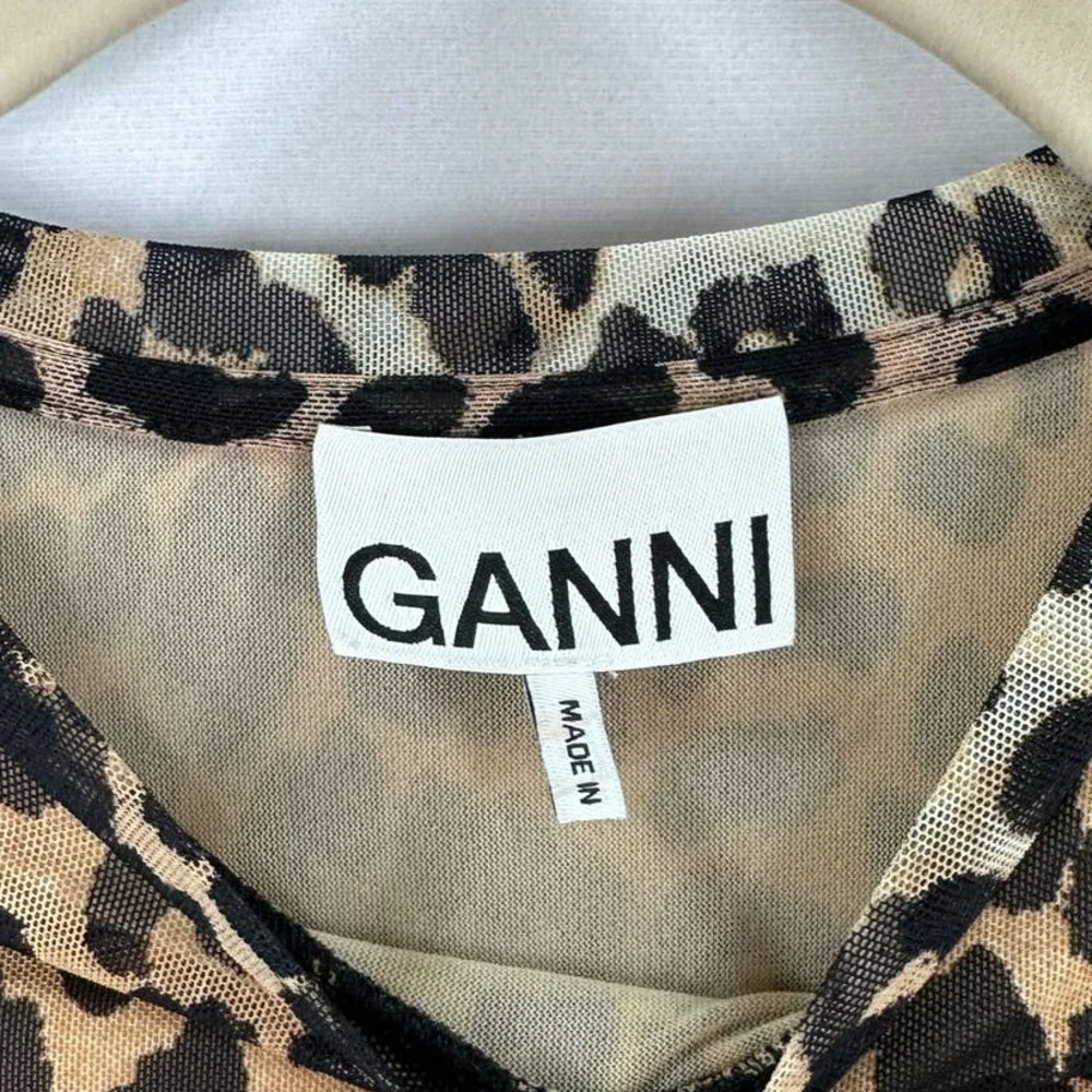 GANNI Midi Dress Ruched Leopard Print Stretch Mesh Long Sleeve size 36 / US 4 - Picture 3 of 8